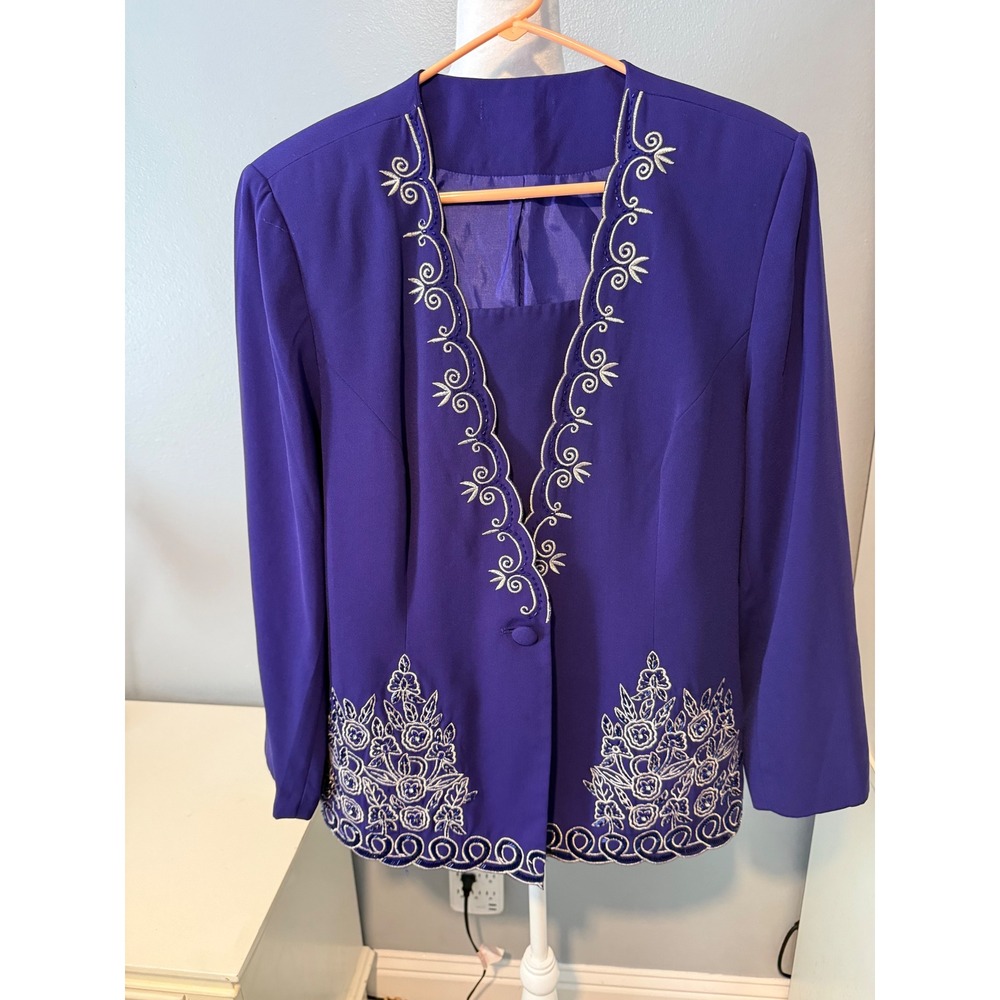 Purple Embroidered Beaded Floral Blazer Jacket Long Sleeve size XL 12-14
